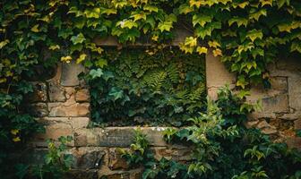 ai généré vieux brique mur avec vert lierre feuilles. Naturel ancien Contexte. photo