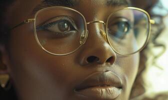 ai généré proche en haut portrait de africain américain femme portant lunettes photo