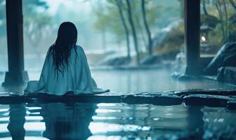 ai généré Jeune femme séance sur le bord de une bassin dans le pluie. photo