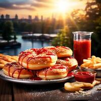 ai généré boulangerie nourriture avec ketchup magnifique Contexte photo