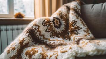 ai généré confortable Accueil intérieur. confortable canapé avec tricoté plaid. photo