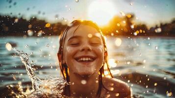 ai généré portrait de une souriant peu fille éclabousser l'eau photo