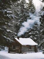 ai généré vieux en bois maison dans le forêt. hiver paysage. ancien style photo