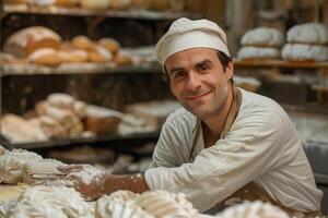 ai généré Masculin boulanger travail dans boulangerie. ai généré photo