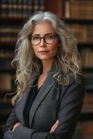 ai généré femelle avocat dans sa cabinet ou bibliothèque. ai généré photo