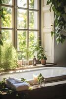 ai généré salle de bains avec les plantes et bougies par la fenêtre. ai généré photo