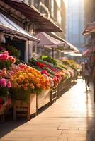 ai généré fleur marché sur le ensoleillé rue de le ville - vivre Couper bouquets sont vendu sur Extérieur stalles. ai généré photo