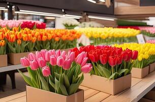 ai généré coloré bouquets de tulipes dans une fleur magasin - Frais Couper fleurs dans des boites et des vases dans une entrepôt et racks pour vente, livraison pour le vacances. printemps, Mars 8, aux femmes jour, anniversaire. photo