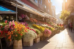 ai généré fleur marché sur le ensoleillé rue de le ville - vivre Couper bouquets sont vendu sur Extérieur stalles. photo