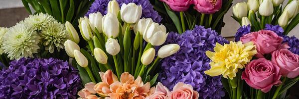 ai généré multicolore printemps fleurs dans une fleur magasin - Frais la fourniture de Couper fleurs pour printemps vacances. tulipes, des roses, pivoines, crocus, chrysanthèmes, hortensias, jacinthe, eustoma. photo