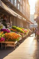 ai généré fleur marché sur le ensoleillé rue de le ville - vivre Couper bouquets sont vendu sur Extérieur stalles. ai généré photo