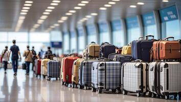 ai généré une bouquet de les valises à le aéroport - cargaison contrôle, bagages allocation et main bagage paramètres sur le avion, sécurité, enregistrement et livraison de personnel affaires. ai généré photo