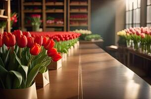 ai généré coloré bouquets de tulipes dans une fleur magasin - Frais Couper fleurs dans des boites et des vases dans une entrepôt et racks pour vente, livraison pour le vacances. printemps, Mars 8, aux femmes jour, anniversaire. photo