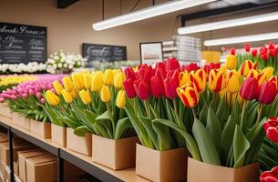 ai généré coloré bouquets de tulipes dans une fleur magasin - Frais Couper fleurs dans des boites et des vases dans une entrepôt et racks pour vente, livraison pour le vacances. printemps, Mars 8, aux femmes jour, anniversaire. photo