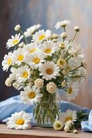 ai généré une bouquet de blanc marguerites sur le table proche en haut. une de fête anniversaire carte, Mars 8ème, une printemps cadeau, été temps. ai généré photo