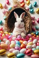 ai généré Naturel réaliste mignonne Pâques lapin avec multicolore des œufs et printemps fleurs, une traditionnel vacances carte. ai généré photo