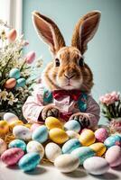ai généré Naturel réaliste mignonne Pâques lapin avec multicolore des œufs et printemps fleurs, une traditionnel vacances carte. ai généré photo