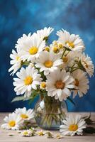 ai généré une bouquet de blanc marguerites sur le table proche en haut. une de fête anniversaire carte, Mars 8ème, une printemps cadeau, été temps. ai généré photo