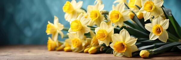 ai généré une bouquet de Jaune jonquilles sur le table sur une solide Contexte avec de fête bokeh lumières et copie espace. une de fête anniversaire carte, Mars 8ème, une printemps cadeau. ai généré photo