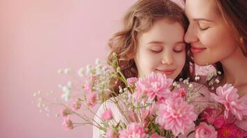 ai généré mère étreinte sa fille et tenir bouquet de fleur isolé sur rose Contexte photo