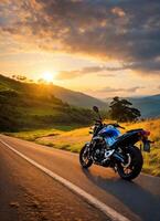 ai généré motocycliste équitation une moto sur une pays route à le coucher du soleil. ai génératif photo