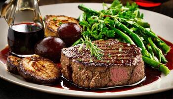 ai généré du boeuf steaks avec asperges et balsamique vinaigre. ai génératif photo