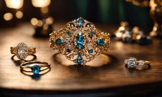 ai généré bijoux diamant bague sur en bois table avec bokeh Contexte. ai génératif photo