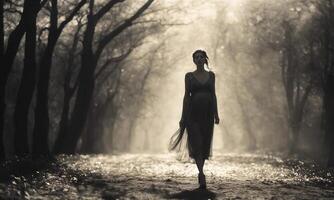 ai généré floue mouvement silhouette de une fille avec longue cheveux. ai génératif photo