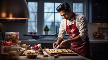 ai généré multy ethnique homme et femme pâtisserie, en train de préparer de fête dîner dans moderne cuisine avec Noël décorations photo