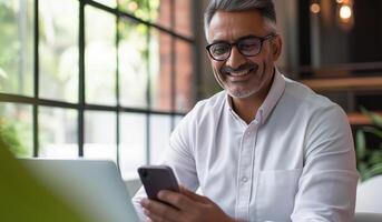 ai généré Sénior milieu vieilli hispanique homme d'affaire directeur PDG en utilisant téléphone intelligent et portable dans Bureau travail en ligne photo