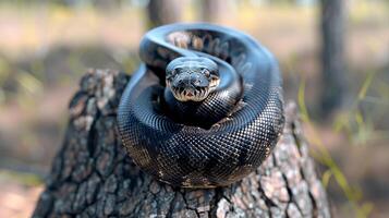 ai généré majestueux pythons enroulé autour ancien arbre les troncs dans le région sauvage, une serein Naturel scène photo