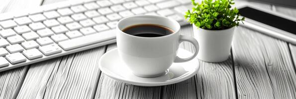 ai généré blanc minimaliste bureau avec mis en pot usine, café tasse, et organisé Bureau Provisions photo