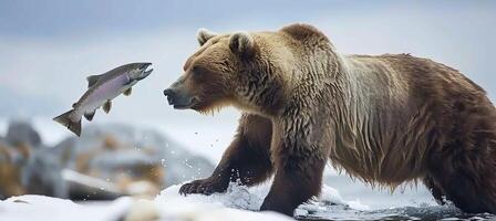 ai généré ours contagieux saumon, poisson saut en dehors de eau, ours alimentation dans Naturel habitat photo