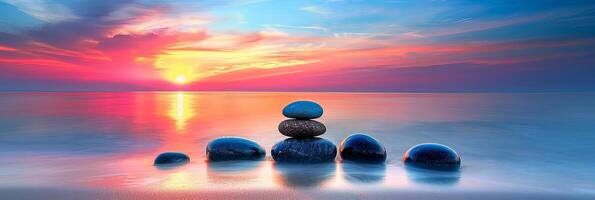 ai généré tranquille Zen des pierres reflétant le le coucher du soleil s chaud lueur dans serein, paisible des eaux photo