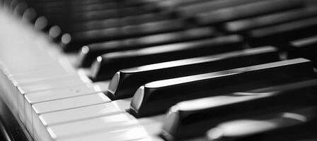 ai généré détaillé monochrome proche en haut de une frappant noir et blanc piano clavier dans un artistique composition photo