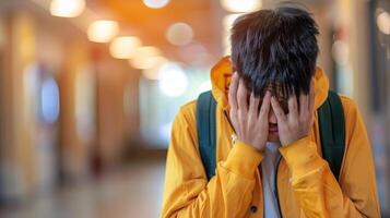 ai généré adolescent garçon dérangé dans école couloir, flou arrière-plan, espace pour texte, orienté vers apprentissage défis photo