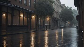 ai généré pluvieux journée dans le ville, pluvieux journée scène, vide rue, pluie gouttes sur le sol photo