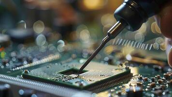 ai généré proche en haut de une électronique circuit conseil, réparation de une ordinateur, proche en haut de une ordinateur planche soudure avec soudure le fer par technicien photo