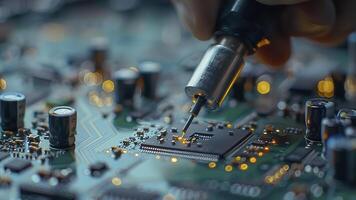 ai généré proche en haut de une électronique circuit conseil, réparation de une ordinateur, proche en haut de une ordinateur planche soudure avec soudure le fer par technicien photo