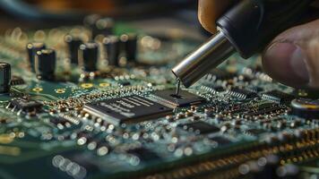 ai généré proche en haut de une électronique circuit conseil, réparation de une ordinateur, proche en haut de une ordinateur planche soudure avec soudure le fer par technicien photo