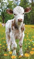 ai généré Jeune veau pâturage dans Marguerite champ sur une ensoleillé été journée serein ferme animal scène photo