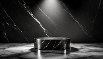ai généré une lisse, noir marbre podium maquette avec une Célibataire projecteur mise en évidence le vide Plate-forme photo