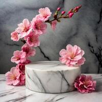 ai généré marbre podium maquette entouré par fleurs photo