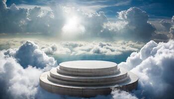 ai généré podium maquette dans le des nuages avec une magnifique ciel photo