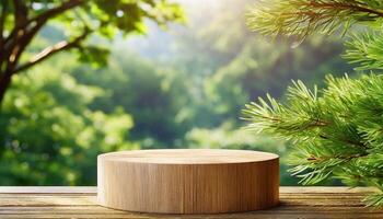 ai généré minimaliste podium maquette fabriqué de lumière bois avec une texturé surface, affiché contre une toile de fond de forêt photo