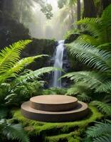 ai généré généré image podium maquette dans le vert de forêt tropicale avec fougère et cascade photo