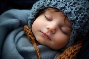 ai généré mignonne en train de dormir caucasien nouveau née bébé dans une tricoté casquette photo