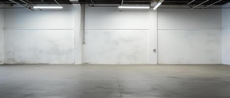 ai généré intérieur vide espace de rangement chambre, garage avec blanc des murs et béton sol photo