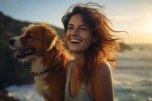 ai généré content femme avec chien dans nature, souriant femelle propriétaire avec animal de compagnie à mer sur ensoleillé journée photo