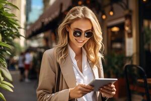 ai généré souriant Jeune élégant femme dans des lunettes de soleil en utilisant tablette, femme d'affaires dans costume travail en ligne à la recherche à gadget sur ensoleillé journée sur mode de vie rue photo